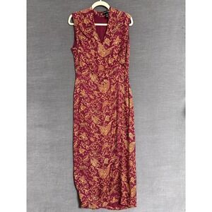 Vintage Valerie Dress 10 Burgundy Gold Silk Midi Faux Wrap Classic Elegant Work